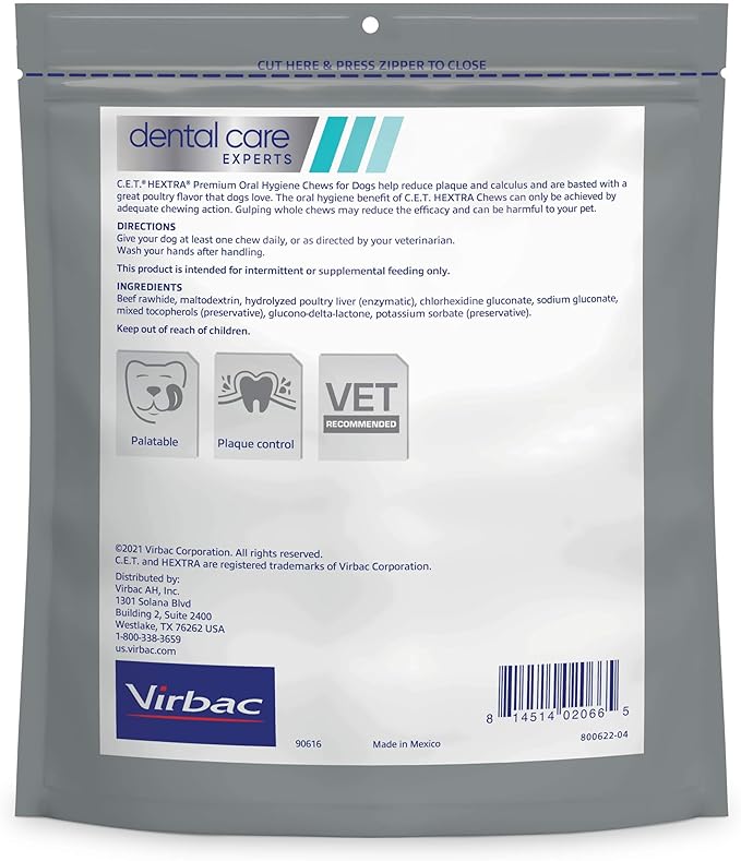 Virbac C.E.T.® HEXTRA® Premium Oral Hygiene Chews for Dogs, Rawhide Coated to Fight Bacteria and Reduce Plaque and Tartar, 26-50 lbs