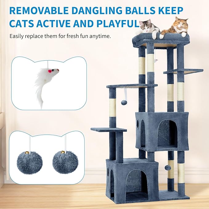 GarveeLife 61" Multi-Level Cat Tree for Indoor Cats, Heavy-Duty Tower for Large Adult & Maine Coon Cats with Oversized Perch, Dual Condos, Natural Sisal Scratching Posts & Play Toys – Light Blue