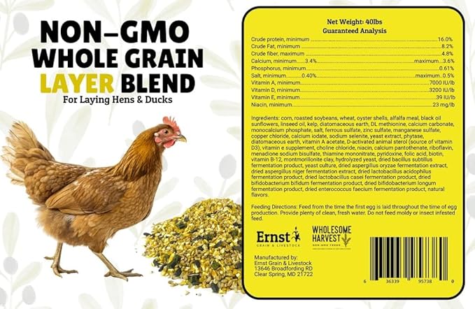 Non-GMO Whole Grain Layer Blend 16% - Chicken Feed for Laying Hens and Ducks - Includes Essential Oils, Herbs, Oyster Shells, Vital Minerals, and Omega 3, 25lb