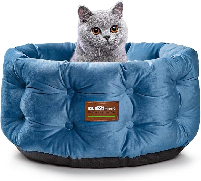 ClevaHome Deep Nest Cat Beds for Indoor Cats, Washable Round Cat Bed, Cute Kitten Bed with Anti-Slip Bottom for Kitty and Puppy, 20inches, Steel Blue
