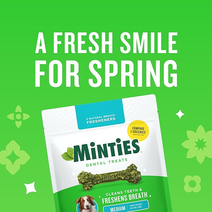 Minties Dental Chews for Dogs, 8 Count, Vet-Recommended Mint-Flavored Dental Dog Treats for Medium Sizes 25-50 lbs, Bones Clean Teeth, Fight Bad Breath, and Removes Plaque and Tartar
