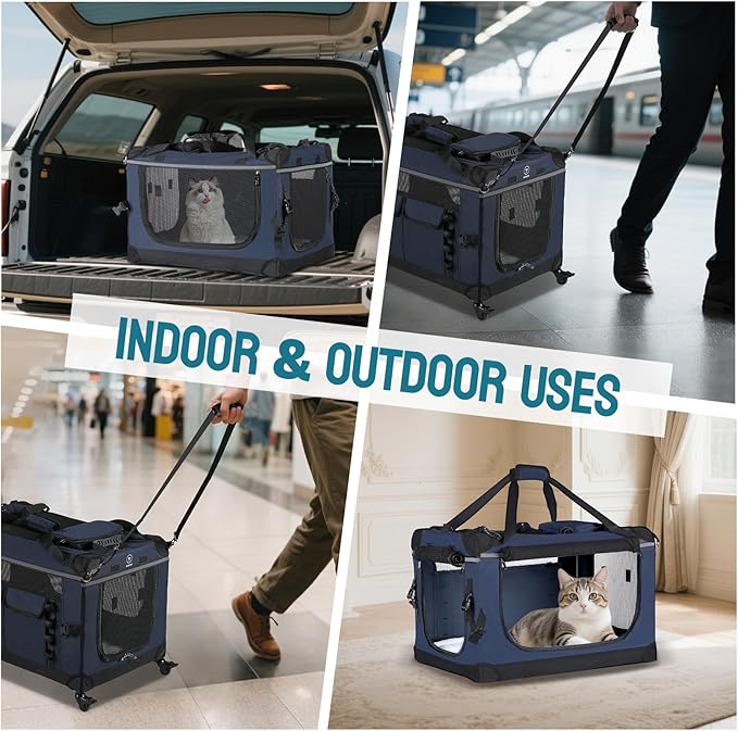PEGIC 24-inch Foldable Cat Carrier with Removable Wheels – Large Pet Travel Carrier for Cats & Small Dogs, Breathable & Sturdy for Car Rides (Holds up to 44lbs)