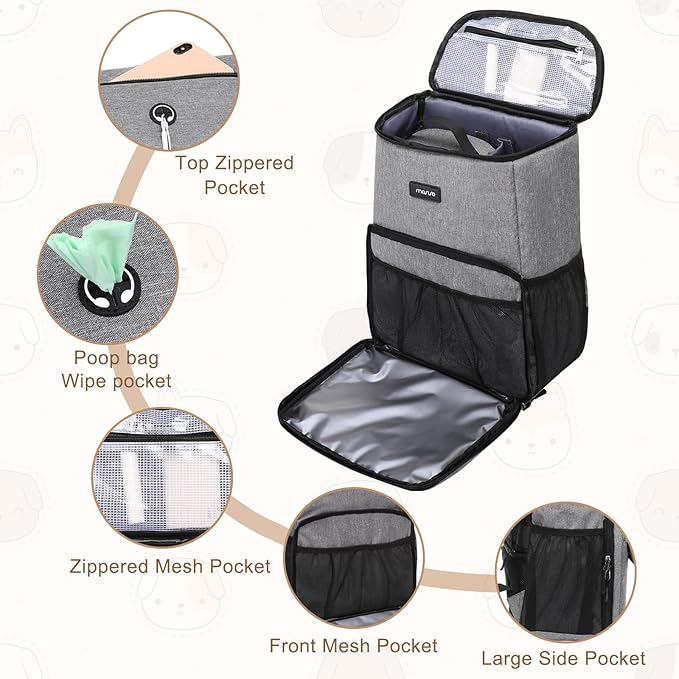 MOSISO Dog Travel Bag Backpack, Airline Approved Pet Accessories Organizer Daypack, Multi-Pockets Pet Supplies Storage Backpack with 2 Dog Food Baskets for Traveling Weekend Away, Grey