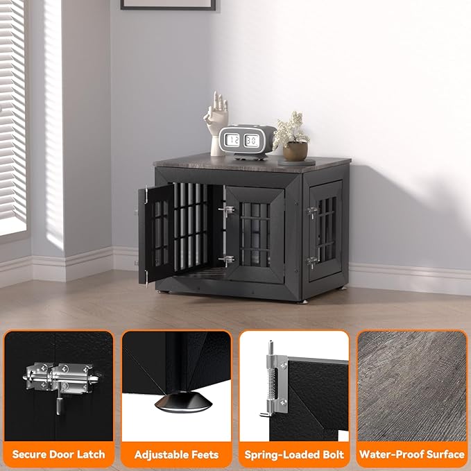 Snuowu 26" Heavy-Duty Dog Crate Furniture for Small/Medium Dogs, Rustic Wooden Dog Cage Kennel Indoor Furniture, Decorative Pet House End Table, Black & Grey
