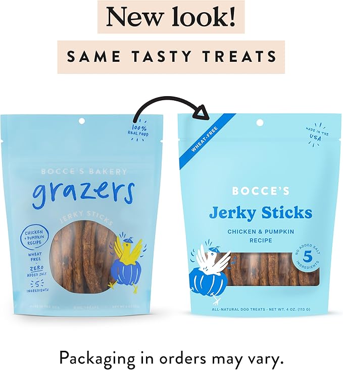Bocce's Bakery Jerky Stick Dog Treats, Wheat-Free, Made with Limited-Ingredients, Baked in The USA with No Added Salt or Sugar, Natural & High-Protein, Chicken & Pumpkin, 4 oz (Pack of 12)