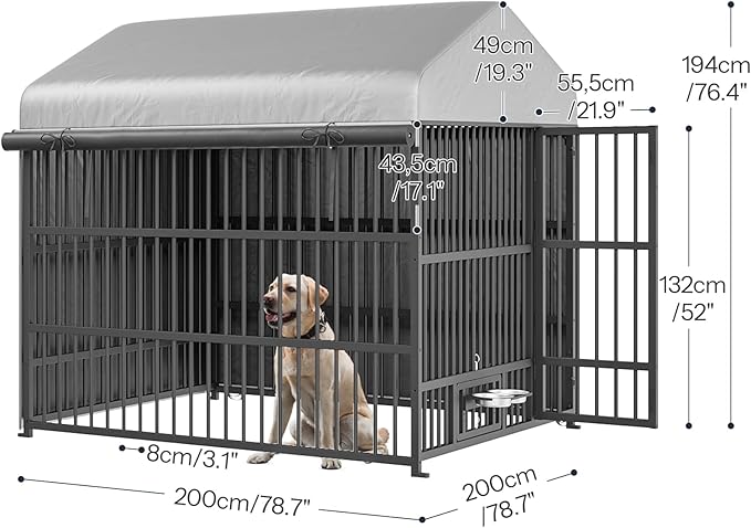 HOOBRO Dog Kennel Outdoor with Cover, 6.6 x 6.6 x 6.4 ft Dog Kennel Outside with Waterproof Roof and Rotating Feeding Bowls, Heavy-Duty Large Cage Enclosure, for Medium & Large Dogs, Black BK220GW03