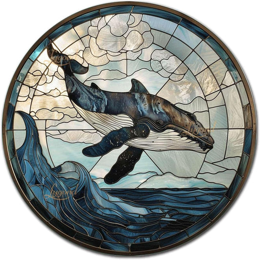 Lygond Metal Sign Tin Sign Circular Stained Glass Whale Sign for Garden for Restaurant 12×12 Inches