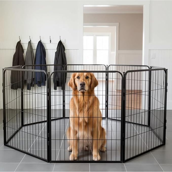 Dog Playpen w/Carrying Case for Indoor or Outdoor Use – 40 Inch, 8 Black Panels - Portable Metal Exercise Pen for Medium & Large Dogs - Pet Fence Kennel Crate for House, RV, or Travel