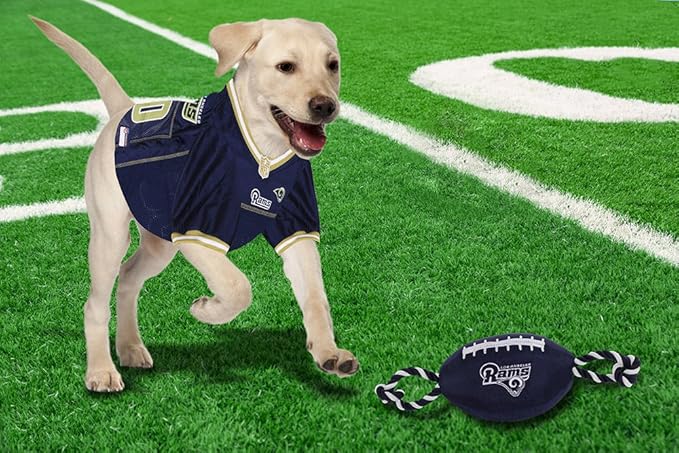 Pets First NFL Los Angeles Rams Football Dog Toy, Tough Quality Nylon Materials, Strong Pull Ropes, Inner Squeaker, NFL Team Color