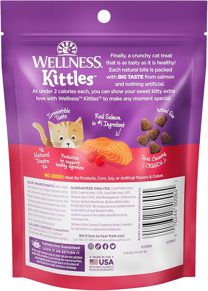Wellness Kittles Natural Grain Free Cat Treats, Salmon & Cranberries, 6-Ounce Bag (Pack of 2)