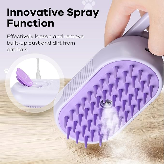 Cat Steam Brush for Shedding, 4 in 1 Cat Steamy Brushs Cleanser with Foldable Handle, Pet Spa Brush for Cats, Spritz Defur Comb for Pets, Steam Brushs for Cats (purple)