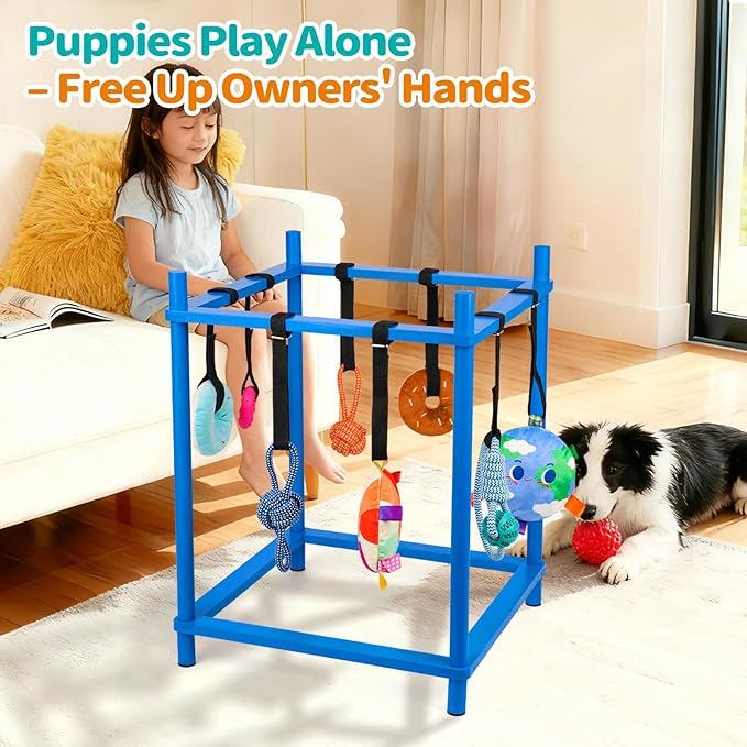 Wooden Puppy Play Gym for Small Dogs, Puppy Jungle Gym with 8 Hanging Toys, Wood Frame Indoor Puppy Gym with Dog Enrichment Toys for Puppies and Small Pets (Blue)
