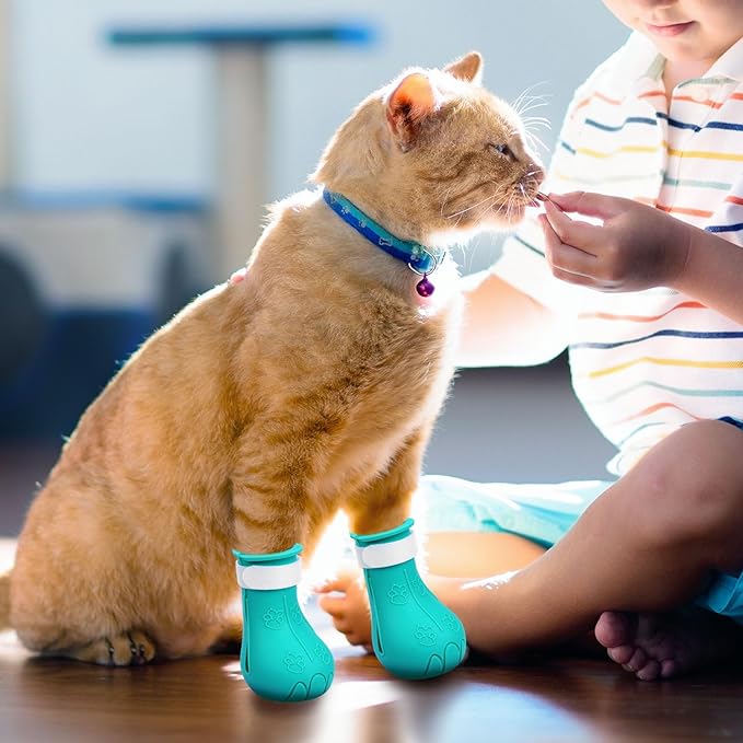 Gosknor 4pcs Cat Feet Covers, Adjustable Anti-Scratch Anti-Bite Silicone Kitten Paw Claw Caps Boots for Nail Trimming Bathing Checking Multifunctional Pet Grooming Protector Products (Blue)