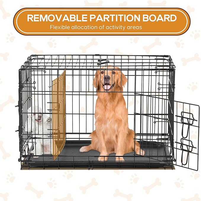 Dog Crate, 47 Inch Extra Large Wire Kennel with Divider Panel, Metal Cages with Double Door, Leak-Proof Pan Tray, Folding Portable for Indoor Outdoor Travel