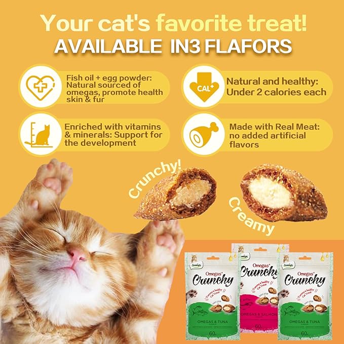 Faywell Omegas Crunchy Cat Chew Treat, Vitamins & Minerals Enriched, Kitty Snack 60g (60g X 3, Salmon Tuna Chicken)
