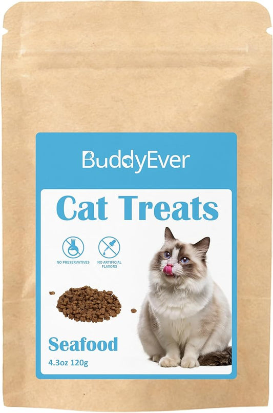 BuddyEver Crunchy & Creamy Cat Treats, Savory Seafood Flavor Training Cat Snacks, Real Salmon First Ingredient, 5 oz Bag