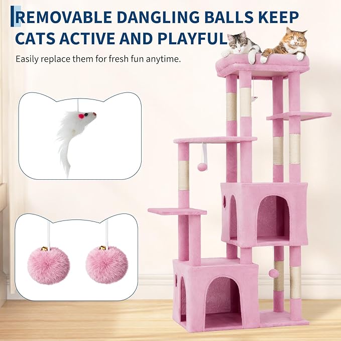 61.4 Inch Cat Tree, Large Cat Tower with Sisal Scratching Posts, 2 Spacious Cat Beds, Hanging Ball & Top Perch, Ideal for Large Indoor Adult Cats, Pink