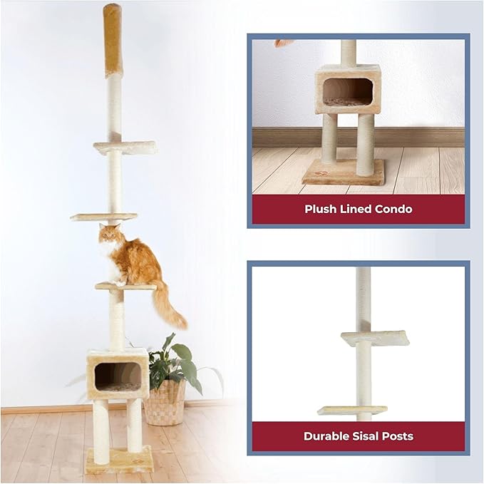 TRIXIE Santander Floor to Ceiling Cat Tower, Adjustable 96"-108" Height Sisal Cat Scratcher, Cat Condo, Platforms