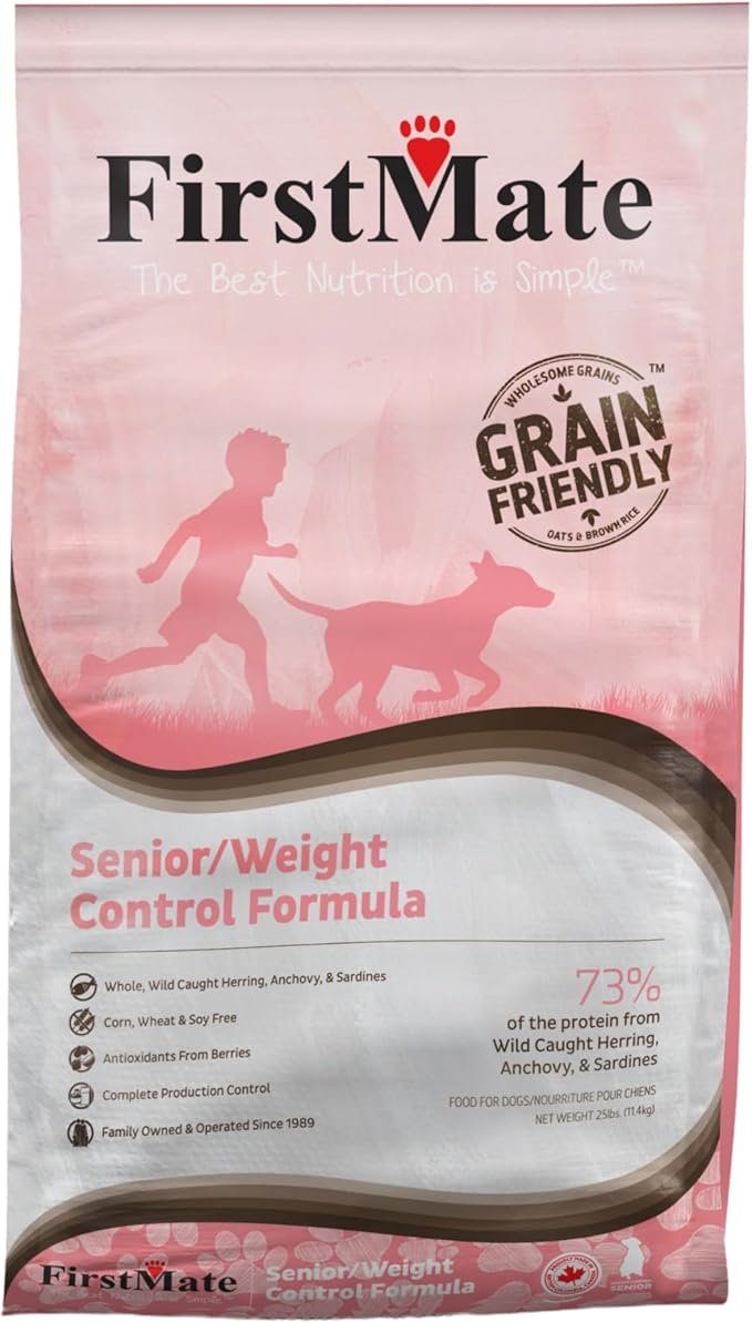 FirstMate Grain Friendly Dog Food Senior/Weight Control Formula – Wild Caught Fish, Low Fat Single Protein Dry Dog Food for Senior Dogs & Weight Management, Pea Free & Potato Free – 25 lb Bag