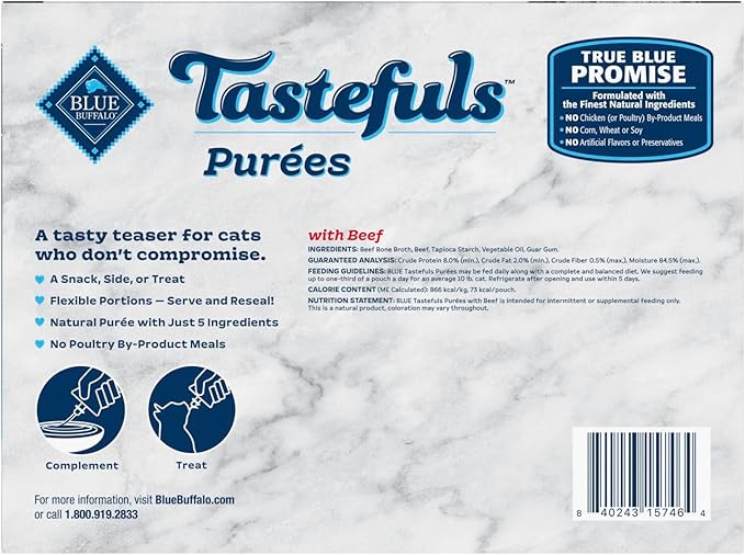 Blue Buffalo Tastefuls Purées Natural Adult Cat Food Complement with Just 5 Ingredients, Beef, 3-oz Resealable Pouch, 12-ct Multipack