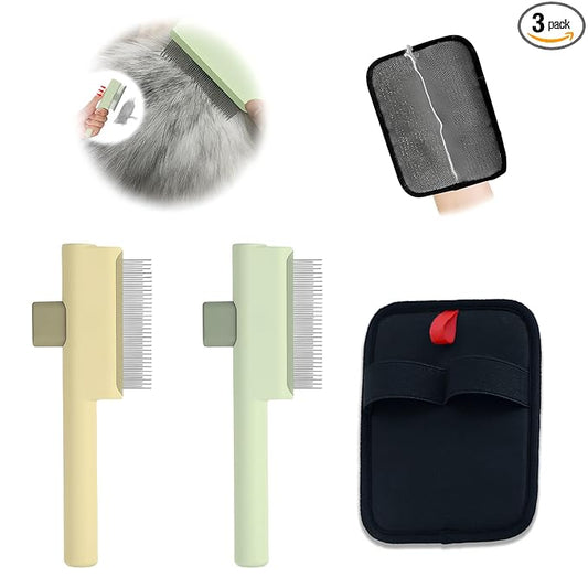 1 PCS Pet Hair Removal Glove w/ 2PCS Pet Combs,Electrostatic Gloves for Cats&Dogs Flea Comb,Dog Comb,Cat Comb,Brush for Shedding,Reusable Animal Fur Removal Tool for Couch,Furniture,Carpet,Curtain