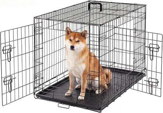 Dog Crate - 36 Inch Medium Double Door Portable Dog Cage, Metal Wire Pet Kennel with Secure Lock, Leak-Proof Pan Tray, Foldable Design for Dogs Pets Indoor Training and Outdoor Trave