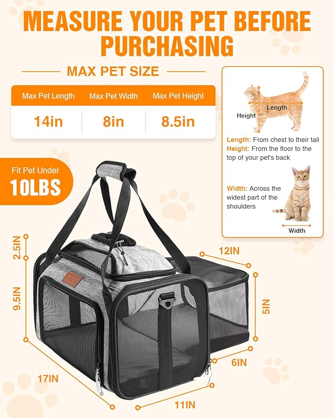 PETUX Top and Side Expandable Pet Carrier for Small Pets Up to 10 lb - 17 x 11 x 9.5 in, Underseat, Soft-Sided Airline Approved Cat Dog Carrier, with Safety Buckle and Anti-Scratch Mesh - Grey