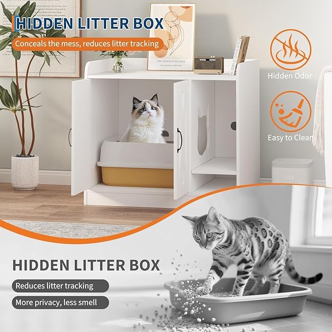 Cat Litter Box Enclosure, Hidden Litter Box Cabinet Furniture with Divider, Indoor Cats House, Wooden Cat Washroom Storage Cabinet Bench, Side End Table Nightstand, 33.07" l × 23.62" w × 23.92" h