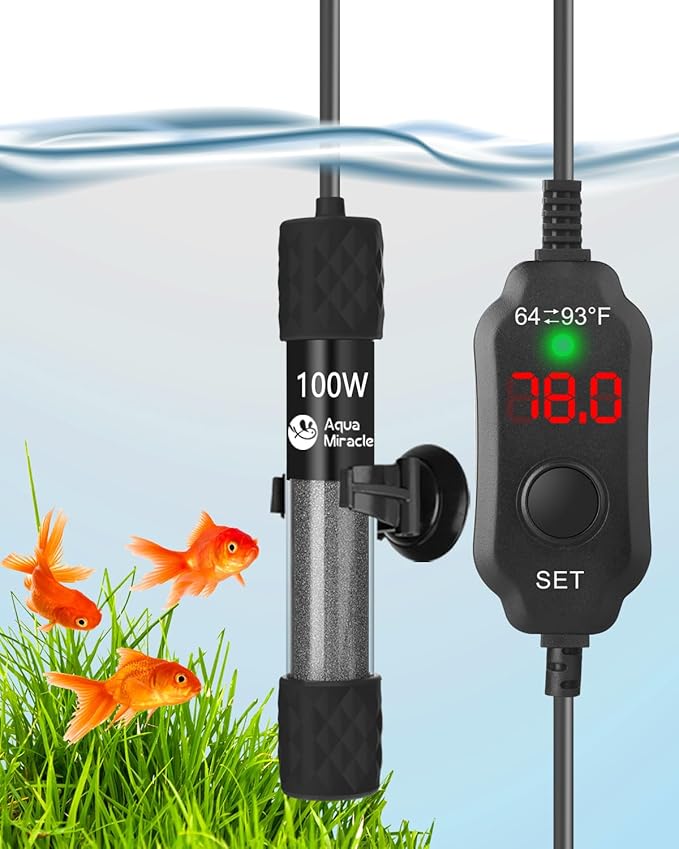 AquaMiracle Aquarium Heater 100W Fish Tank Heater for 10-20 Gal Tanks, LED Digital Display Thermostat Turtle Heater with Out-of-Water Auto Shut-Off, Overheat Protection & Memory Function