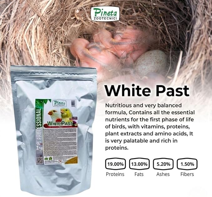 White Past Cria for Birds by Pineta Zootecnici - Soft White Breeding Paste with 19% Protein & 13% Fat, Enriched with Silymarin and Chia Seeds, Ideal for Canaries, Finches and Cereal Birds (1 Kg)