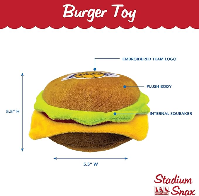 Pets First NBA Los Angeles Lakers Cheese Burger Plush Dog & CAT Squeak Toy - Cutest Stadium HAMBERGER Snack Plush Toy for Dogs & Cats with Inner Squeaker