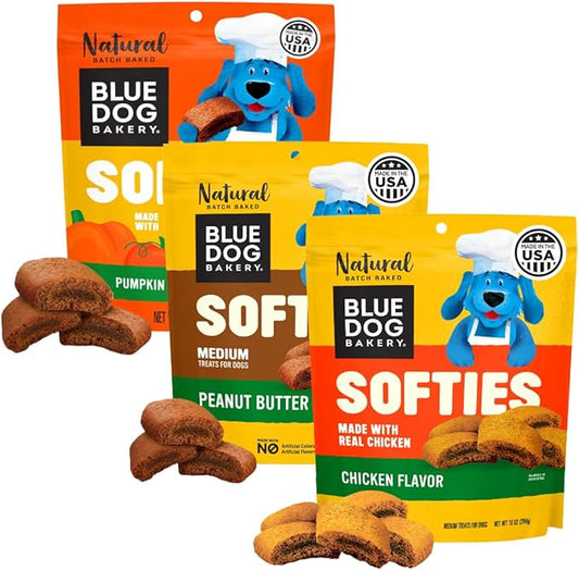 Blue Dog Bakery Softies Variety Pack, Soft & Chewy Peanut Butter, Chicken, & Pumpkin Dog Treats, Healthy Treats, All-Natural Ingredients, Medium Size, 10 Oz (Pack of 3)