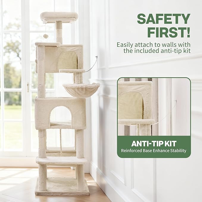 Cat Tree for Indoor Cats, 66 Inches Cat Tower with Scratching Post, Multi-Level Climbing Tree Cat House Padded Plush Perch, Cat Condo Activity Center with Pompoms, Kittens Pet Play House, Light Gray
