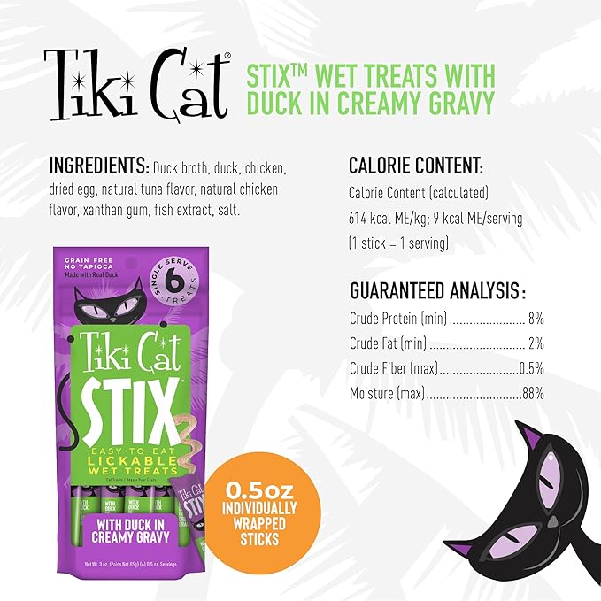 Tiki Cat Stix Wet Mousse Cat Treats, 3 oz. Pouch of Single Serve Lickable Treats, with Duck in Creamy Gravy, (8 Pack of 72 Tubes)