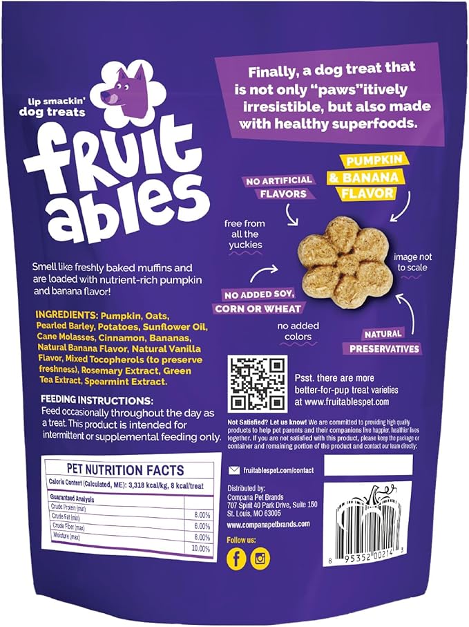 Fruitables Baked Dog Treats, Healthy Pumpkin Treat for Dogs, Low Calorie & Delicious, No Wheat, Corn or Soy, Made in the USA, Pumpkin and Banana Flavor, 7oz