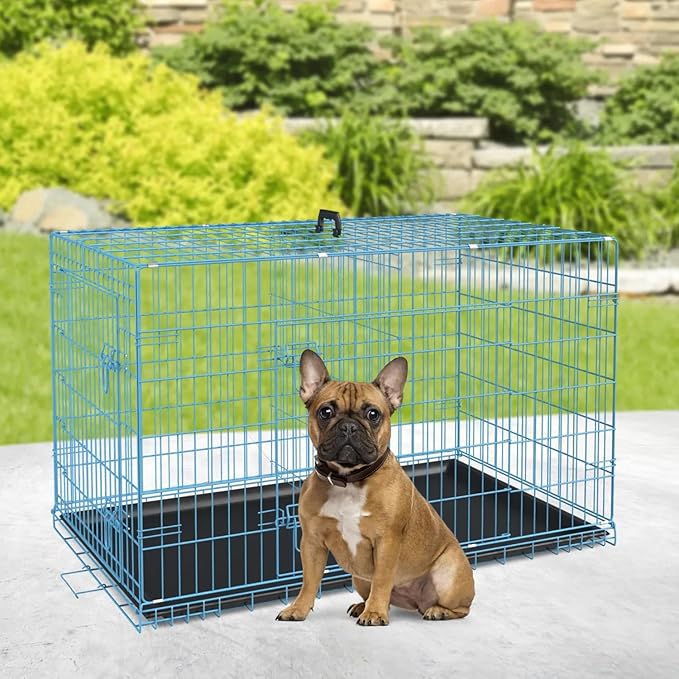 Extra Large Portable Dog Crate - Double-Door Folding Metal Wire Kennel with Removable Tray - Ideal for Medium Sized Dogs, Small Dogs & Travel (Blue, 30")