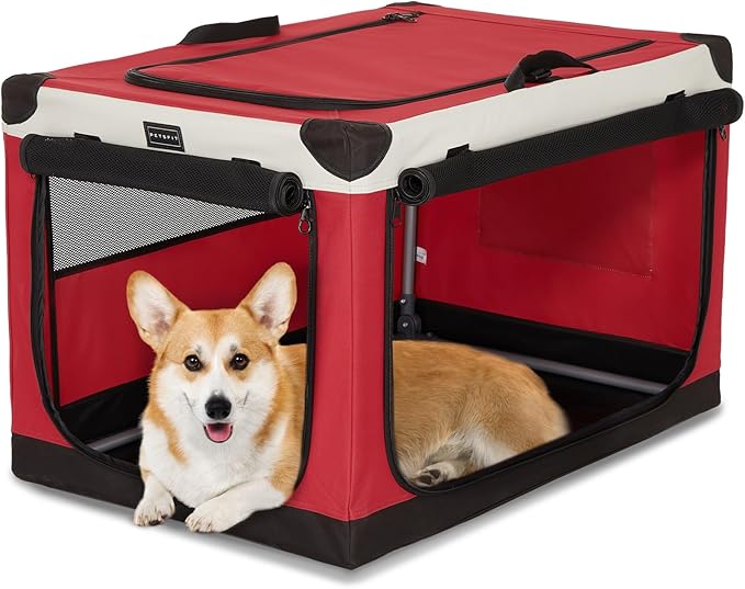 PETSFIT 30" Soft Portable Dog Crate – Patented Spiral Sturdy Frame, Collapsible Travel Kennel for Medium Dogs, 3 Mesh Door, Lockable Zippers, Indoor & Car Use Red