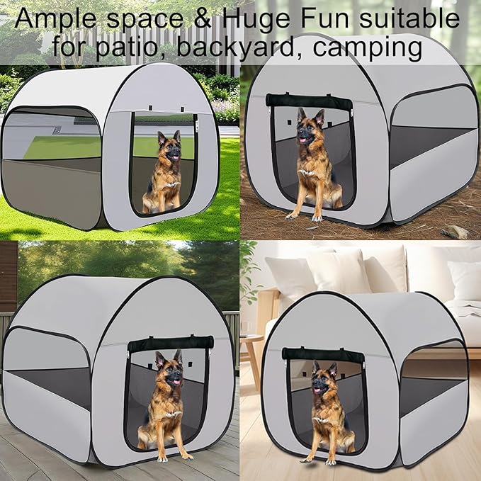 Pop-Up Dog Kennel Enclosure Large - Large Portable Outdoor Pet Crate with Carry Bag, Waterproof Travel Carrier for Camping Home, Grey