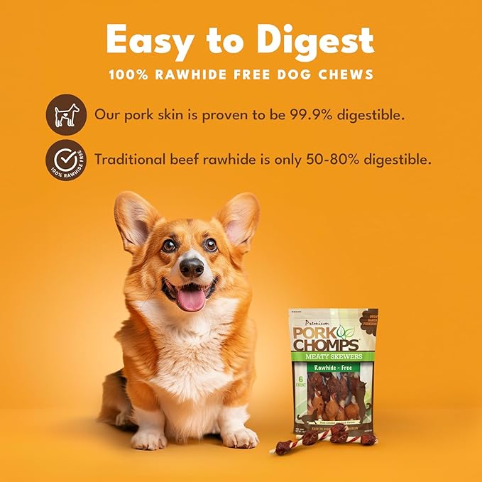 Pork Chomps Premium Meaty Skewers Dog Chews, 6 count - Pork Skin with Chicken & Duck - Long-Lasting Treats for Dogs - High Protein, Rawhide-Free, Low Fat, Healthy & Delicious, 3.98 oz (1 Pack)