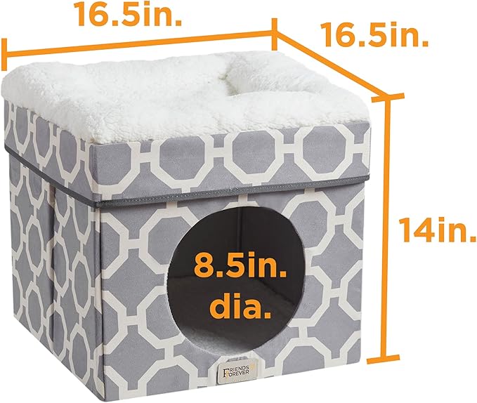 Friends Forever Taylor Upholstered Indoor Cat Bed, Collapsible Pet Cube Home, Kitten House With Sherpa Padding, Non Skid Base, Travel Friendly Foldable Ottoman Condo, Pop Up Tent Cave - Grey / Ivory