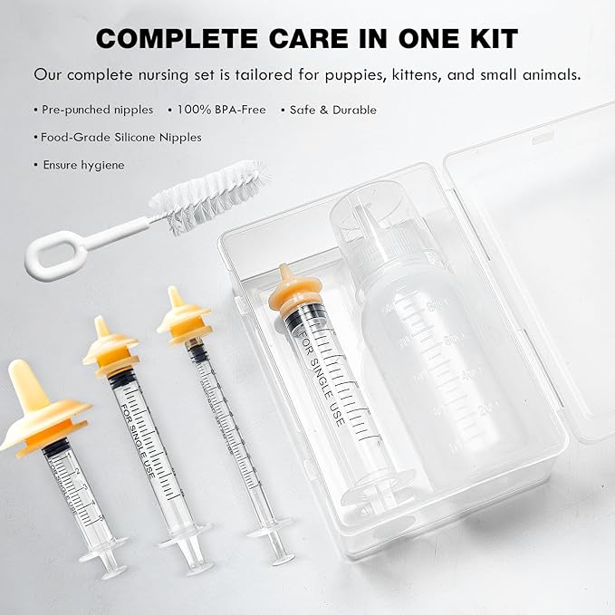 Newborn Pet Feeding Kit, 100ml Small Animal Nursing Bottle with BPA-Free Nipple, Oral Syringe, Measuring Cup & Cleaning Brush for Kittens, Puppies, Rabbits, Squirrels | Safe Hygienic Milk Feeder Set