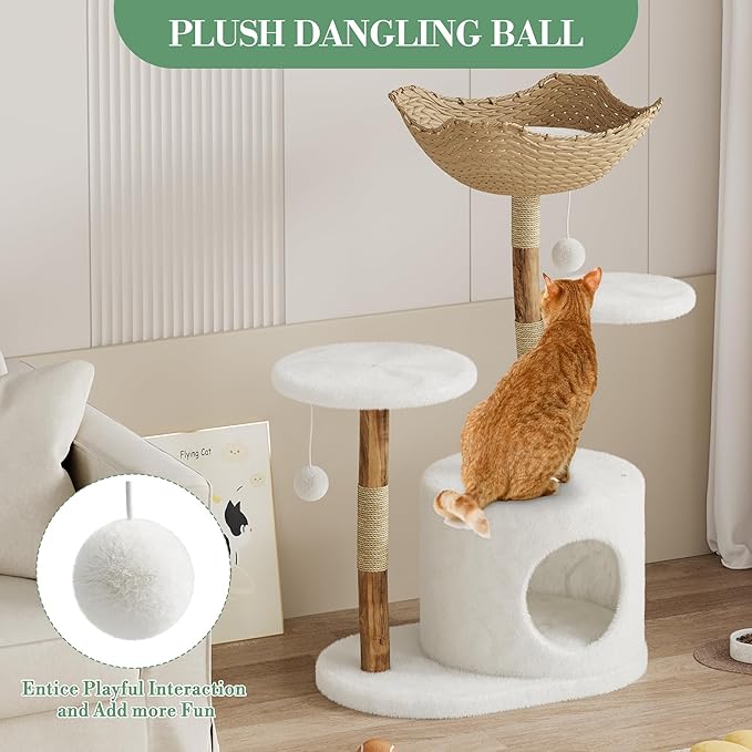 GarveeHome Real Wood Cat Tree, Modern Cat TreeReal Wood Modern Cat Tree Tower, Cat Scratching Post with Bed for Indoor Cats with Natural Wicker Condo, Aesthetic Tree Stand, Luxury Pet Furniture