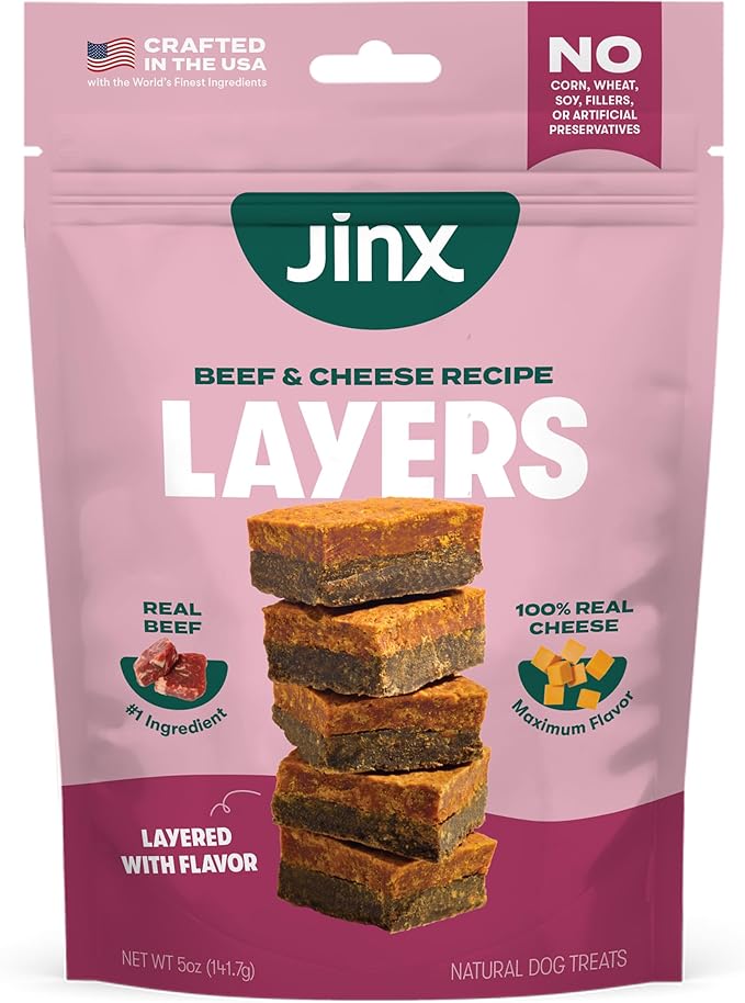 Jinx Beef & Cheese Layers Jerky Dog Treats - Crunchy, All Natural Dog Jerky Treats with Grass-Fed Beef & Cheese - Pet Products for All Dogs (Puppies, Adults & Seniors) - 5oz