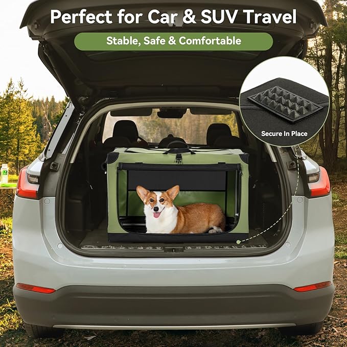 PETSFIT 40" Soft Portable Dog Crate – Patented Spiral Sturdy Frame, Collapsible Travel Kennel for Large Dogs, 3 Mesh Door, Lockable Zippers, Indoor & Car Use Green