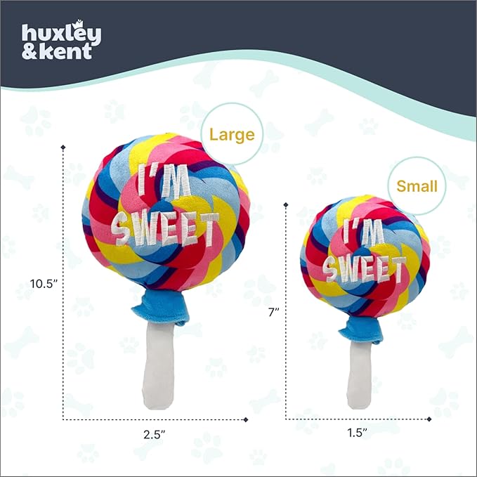 Huxley & Kent Funny Dog Toy w/Squeaker – Power Plush Squeaky Dog Toys for Small, Medium & Large Dogs – Soft Stuffed Animal for Indoor Play & Fetch - I'm Sweet Lollipop, Small