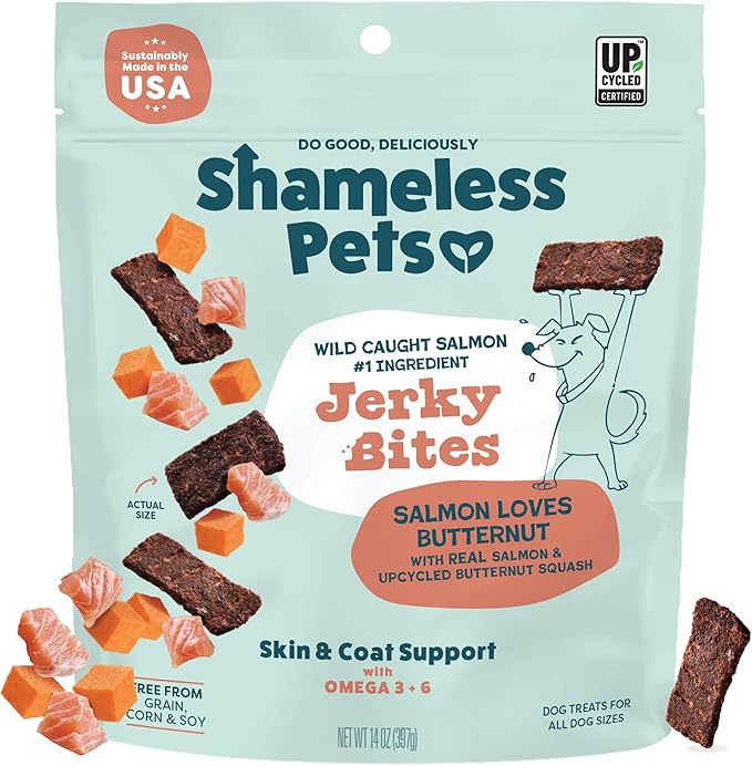 Shameless Pets Jerky Bites Treats, Salmon Loves Butternut- Healthy Dog Chews for Skin & Coat Support with Omega 3 and 6- Dog Treats with Real Wild-Caught Salmon- Free from Grain, Corn & Soy - 14 oz