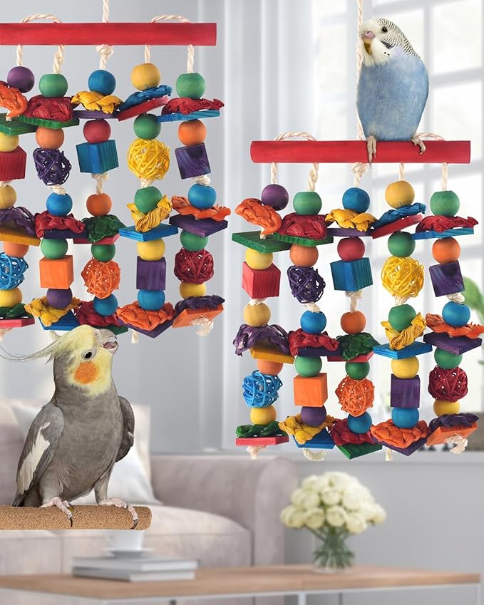 DBNESS Bird Toys, 2PCS Parrot Foraging Hanging Toy, Multicolored Natural Wooden Blocks Parakeet Chewing Toys mit Rattan Wicker Balls, for Medium Small Cockatoos Budgie Lovebird Cockatiel Conure