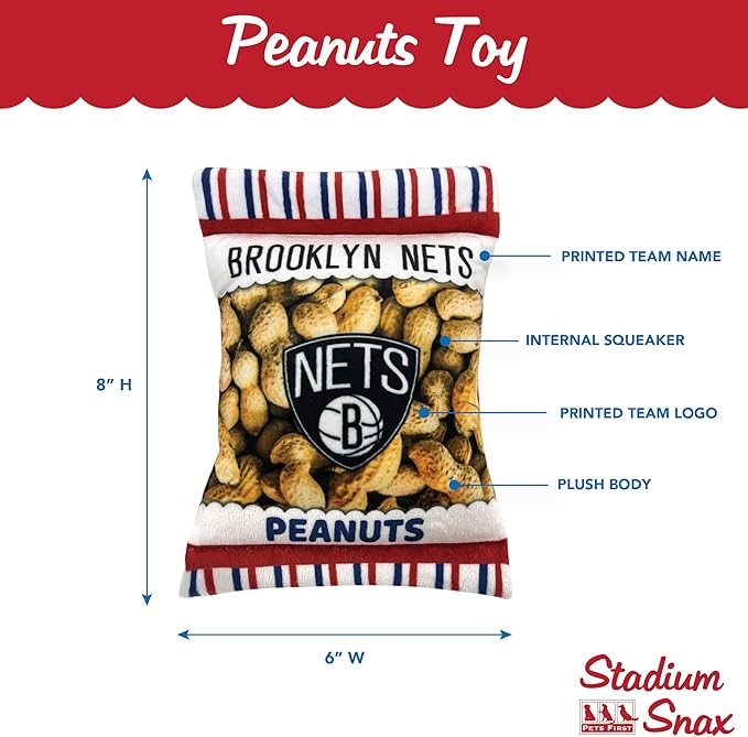 NBA Brooklyn Nets Crinkle FINE Plush Dog & CAT Squeak Toy - Cutest Stadium Peanuts Snack Plush Toy for Dogs & Cats with Inner Squeaker & Beautiful Baseball Team Name/Logo