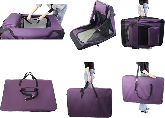 EliteField 3-Door Folding Soft Dog Crate with Carrying Bag and Fleece Bed (2 Year Warranty), Indoor & Outdoor Pet Home (42" L x 28" W x 32" H, Purple)