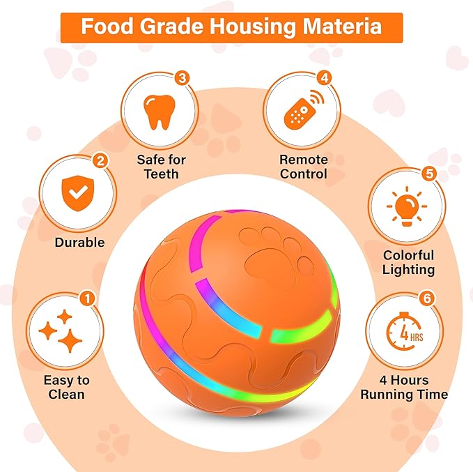 New Interactive Dog Toy with Remote Control and LED Flash Light, Self Rolling USB Rechargeable Ball that has 2 Modes, Motion Activated Ball Toys for Dogs/Cats with 2 Work Modes - Orange